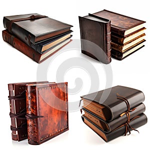 AI-generated collection of leather books isolated on white background. 3d render.