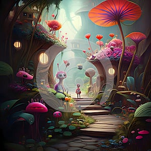 AI Generated: Colorful Fantasy Scene with Whimsical Creatures and Mushroom Houses photo