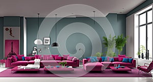 Ai generated a colorful living room with pink and blue furniture