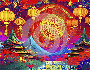 AI generated colorful painting with chinese lanterns on it