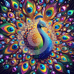 AI generated colourful image of a peacock with vividly vibrant feathers