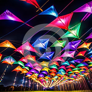 AI generated colourful kites spread across the night skies