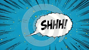 Dynamic Comic Style Shhh Speech Bubble On Vibrant Blue Background With Energetic Action Lines