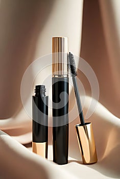 Refined Black And Gold Mascara Trio Displayed Against Soft Flowing Fabric Backdrop
