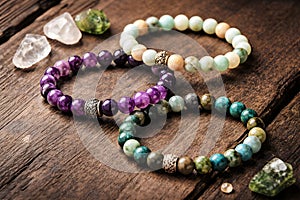 Natural Gemstone Bracelet Set Displayed On Rustic Wooden Surface