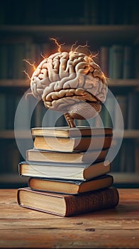 AI generated concept stack of books with brain, symbolizing education