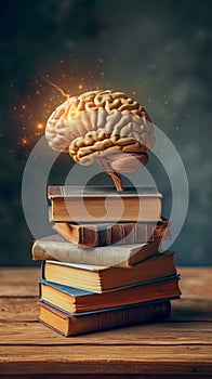 AI generated concept stack of books with brain, symbolizing education