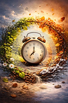Conceptual Clock Representing Seasons Change Life Cycle And Passage Of Time