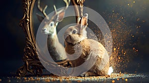 Conceptual Rabbit Looking At Mirror Reflecting Powerful Deer Symbolizing Inner Transformation