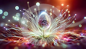 Futuristic Glowing Egg With Fiber Optic Roots And Digital Light Connections