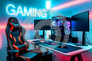 Ai generated, A contemporary gaming setup featuring vibrant lighting.