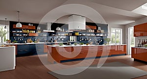 Ai generated a contemporary kitchen with vibrant orange and blue cabinets