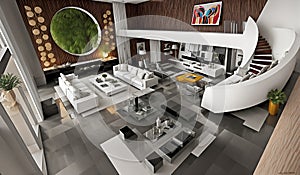 Ai generated a contemporary living room with a striking spiral staircase design