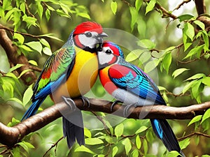 AI-generated a Couple of cute birds fall in love sitting on branch.