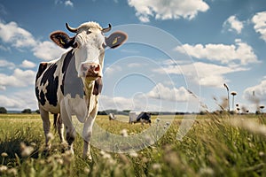 AI generated Cows grazing in a green meadow under a blue sky with clouds