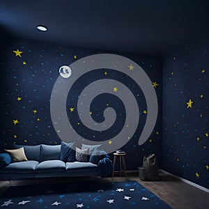 Ai generated a cozy living room with a blue couch and starry wall decor