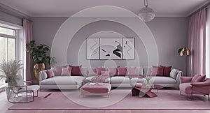 Ai generated a cozy living room with pink rug and comfortable furniture