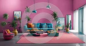 Ai generated a cozy living room with pink walls and blue couches