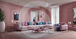 Ai generated a cozy living room with pink walls and blue pillows