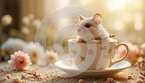 Cute Hamster Sitting Inside Floral Tea Cup In Warm Cozy Light