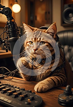 Cat Recording Podcast In Studio With Microphone And Headphones Scene