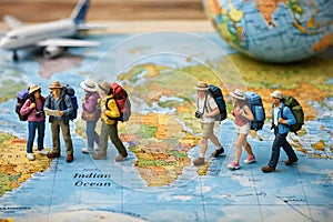 Miniature Travelers Walking Across World Map With Globe And Airplane