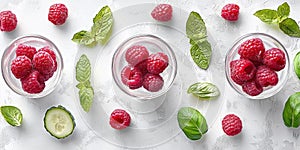 Creative food art arrangement of fresh vegetables and raspberry shaped into floral pattern on white background healthy photo