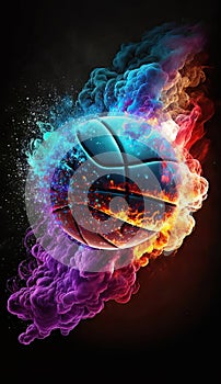 AI generated creative image of a basketball with colored smoke