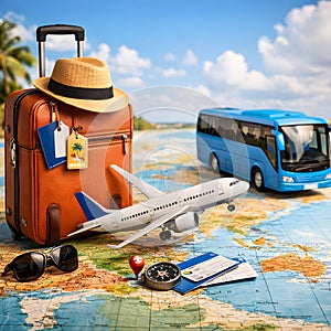 Multi Transport Travel Concept With Suitcase Airplane Bus And World Map