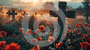 A cross in a poppy field at dusk, symbolizing remembrance.