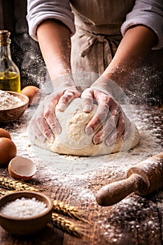 Hands Kneading Fresh Dough On A Floured Wooden Table