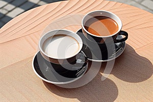 Ai generated cups of freshly ground brewed black coffee in stylish plain mugs.