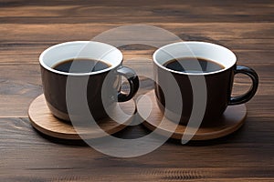 Ai generated cups of freshly ground brewed black coffee in stylish plain mugs.