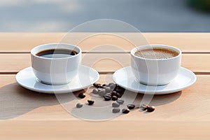 Ai generated cups of freshly ground brewed black coffee in stylish plain mugs.