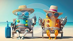 AI generated cute android robots on a beach
