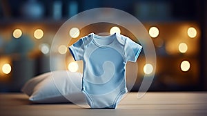 AI Generated. Cute blue baby bodysuit against a blurry background of warm holiday lights.