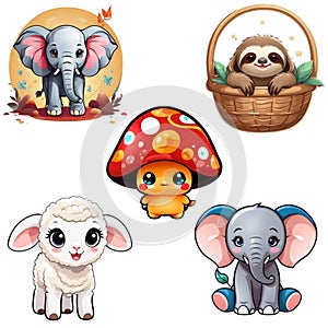 Ai generated. Cute clip art cartoon illustrations of animals and mushrooms