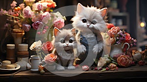AI-Generated: Cute Little Kittens Dressed as Florists in Rustic Setting with Flowers and Candles
