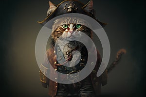 Ai generated. Cute pirate cat with a hat called tricorn or tricorne 3d character and a costume