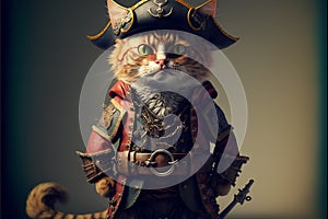 Ai generated. Cute pirate cat with a hat called tricorn or tricorne 3d character and a costume