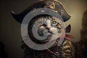 Ai generated. Cute pirate cat with a hat called tricorn or tricorne 3d character and a costume