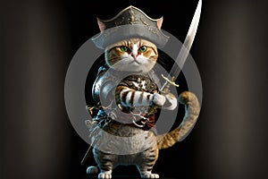 Ai generated. Cute pirate cat with a hat called tricorn or tricorne 3d character and a costume holding a sword