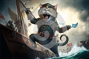 Ai generated. Cute pirate cat with a hat called tricorn or tricorne 3d character and a costume on a pirate ship