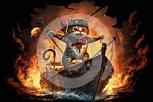 Ai generated. Cute pirate cat with a hat called tricorn or tricorne 3d character and a costume on a pirate ship