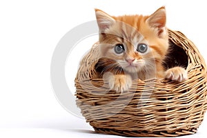 AI generated Cute red kitten in the wicker basket