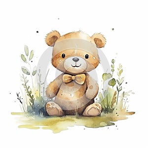 AI generated, cute teddybear in watercolor style illustration on white background.