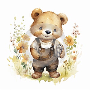 AI generated, cute teddybear in watercolor style illustration on white background.