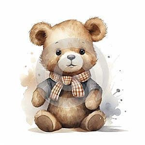 AI generated, cute teddybear in watercolor style illustration on white background.