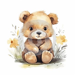 AI generated, cute teddybear in watercolor style illustration on white background.