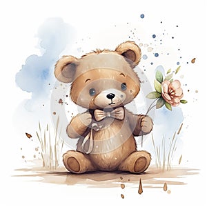 AI generated, cute teddybear in watercolor style illustration on white background.